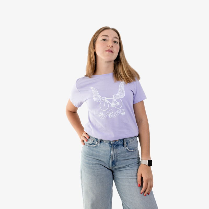 Polo mujer de algodón color lila, vista frontal con gráfico, tela suave y cómoda.