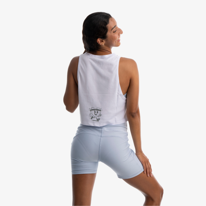 Tank mujer de algodón color blanco, vista posterior, diseño sin mangas minimalista.