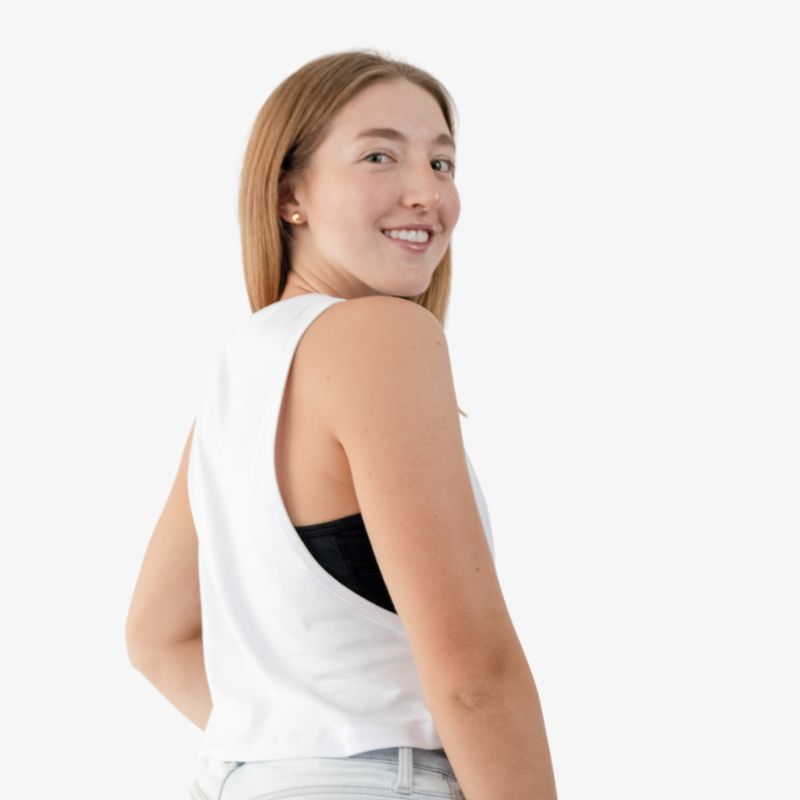 Tank mujer de algodón color crema blanco o colorido o crema, vista posterior, diseño sin mangas casual.