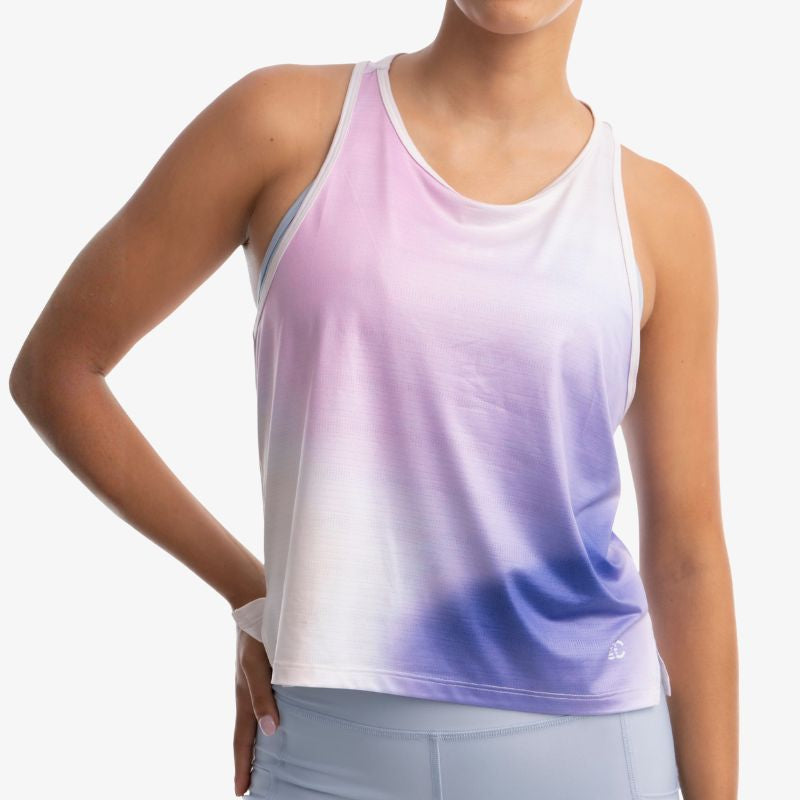 Tank deportivo mujer rosa degradado, vista frontal, tela ligera y transpirable
