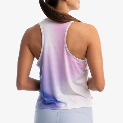 Tank deportivo mujer rosa degradado, vista posterior, diseño sin mangas deportivo